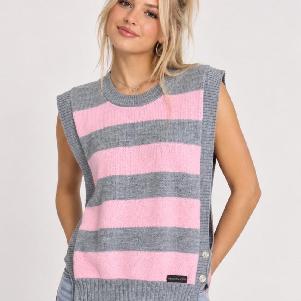 Vintage Y2k Members Only J.J. Poole Pink Gray Striped Tabard Sweater Vest Preppy